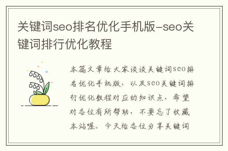 关键词seo排名优化手机版-seo关键词排行优化教程