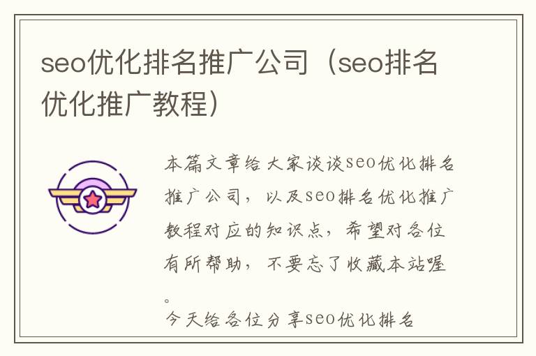 seo优化排名推广公司(seo排名优化推广教程)