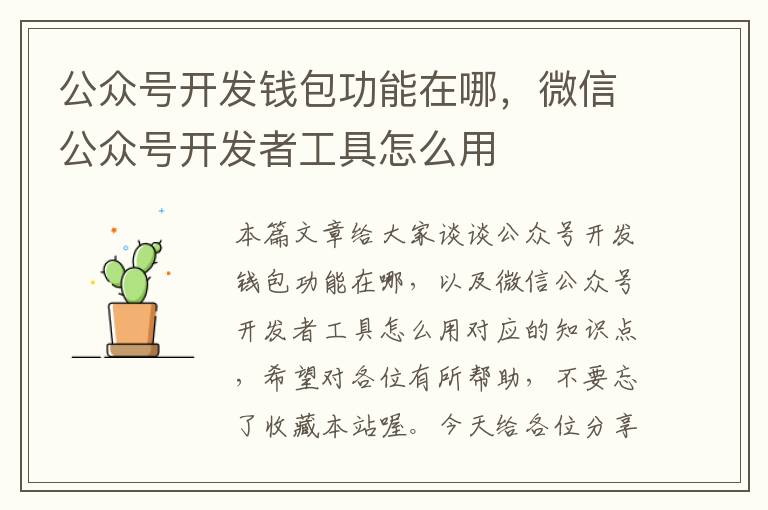 公众号开发钱包功能在哪,微信公众号开发者工具怎么用