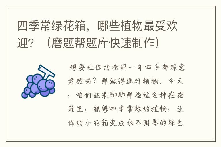 四季常绿花箱,哪些植物最受欢迎?(磨题帮题库快速制作)