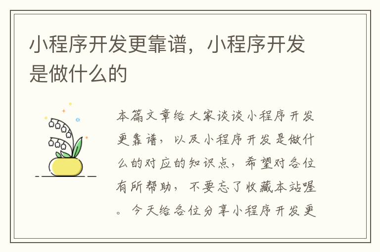 小程序开发更靠谱，小程序开发是做什么的