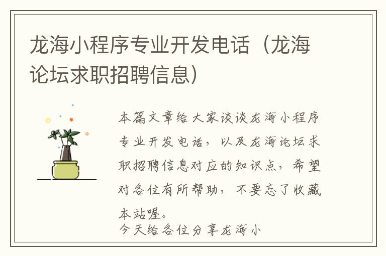 龙海小程序专业开发电话(龙海论坛求职招聘信息)