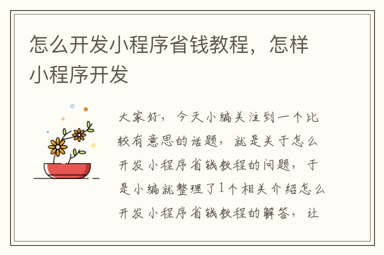 怎么开发小程序省钱教程,怎样小程序开发