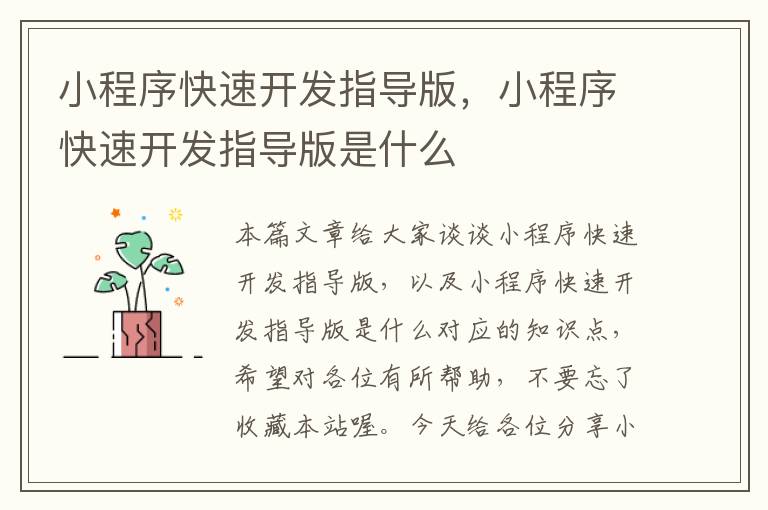 小程序快速开发指导版,小程序快速开发指导版是什么