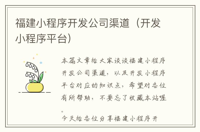 福建小程序开发公司渠道(开发小程序平台)