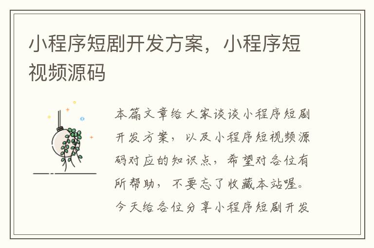小程序短剧开发方案,小程序短视频源码