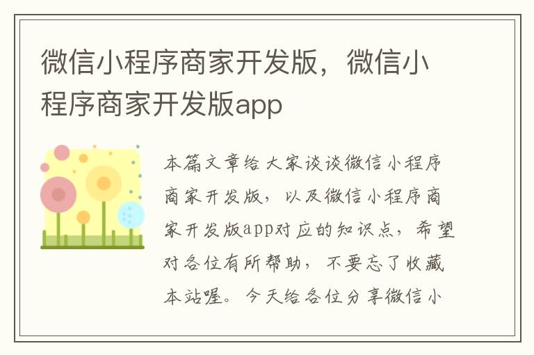 微信小程序商家开发版,微信小程序商家开发版app