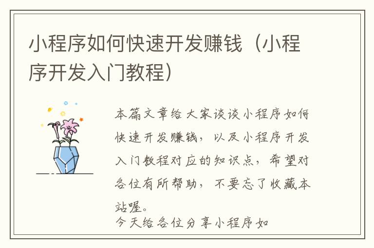 小程序如何快速开发赚钱(小程序开发入门教程)