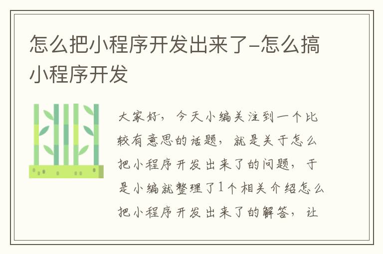 怎么把小程序开发出来了-怎么搞小程序开发