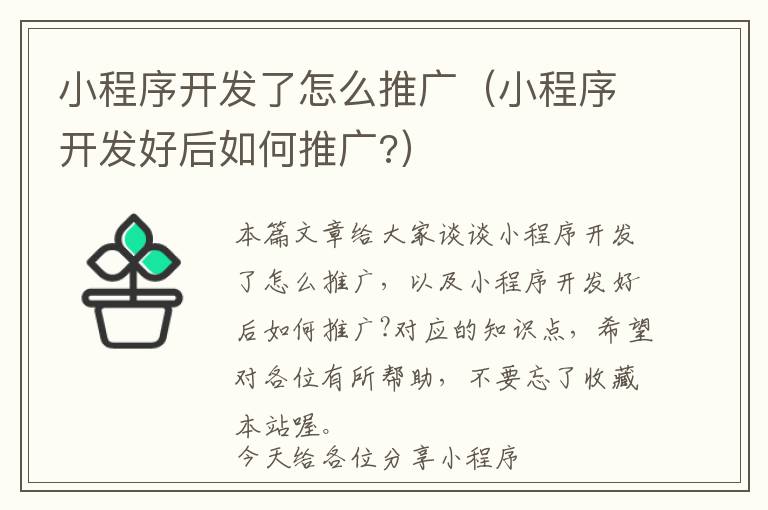 小程序开发了怎么推广(小程序开发好后如何推广?)