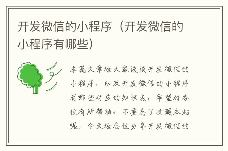 开发微信的小程序(开发微信的小程序有哪些)