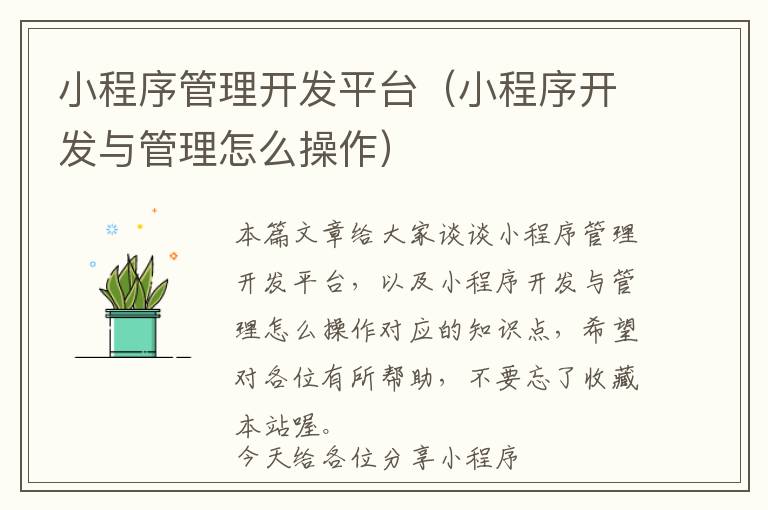 小程序管理开发平台(小程序开发与管理怎么操作)