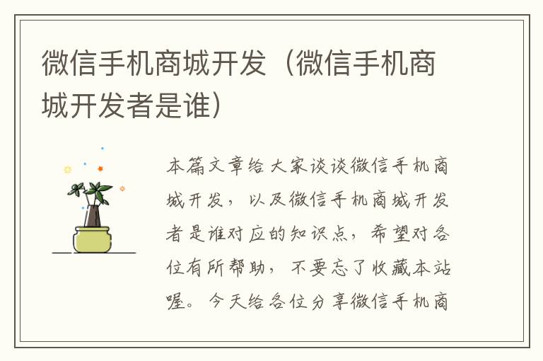 微信手机商城开发(微信手机商城开发者是谁)