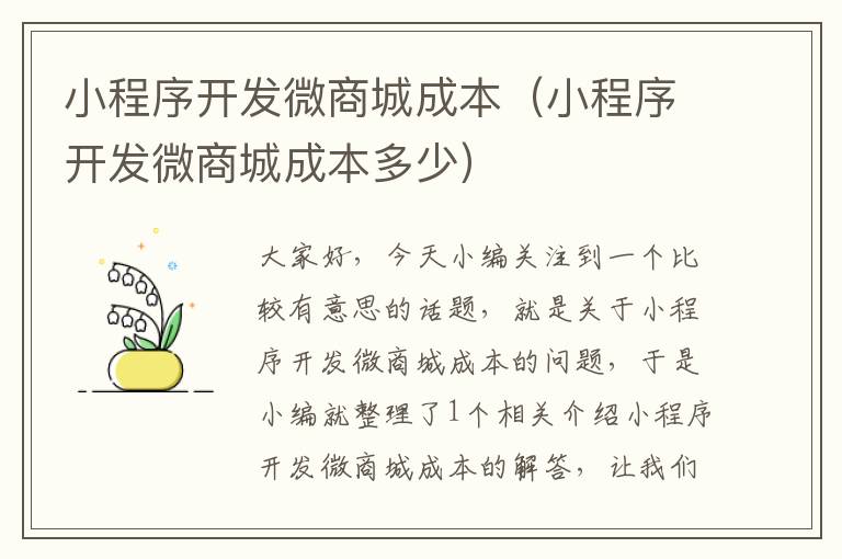 小程序开发微商城成本(小程序开发微商城成本多少)