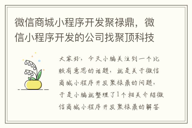 微信商城小程序开发聚禄鼎,微信小程序开发的公司找聚顶科技在线