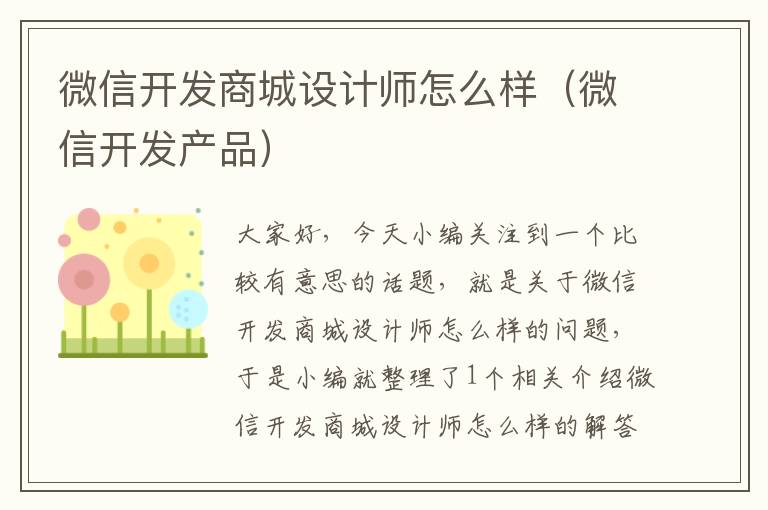 微信开发商城设计师怎么样(微信开发产品)