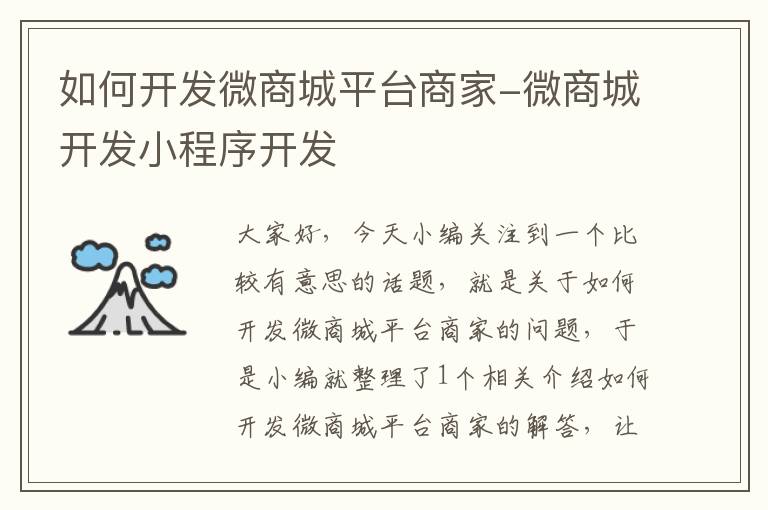 如何开发微商城平台商家-微商城开发小程序开发