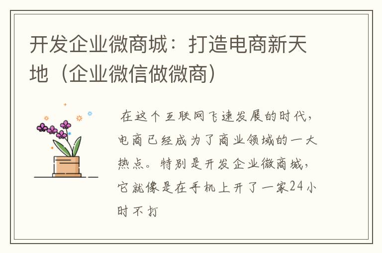 开发企业微商城:打造电商新天地(企业微信做微商)