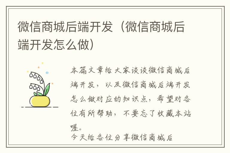微信商城后端开发(微信商城后端开发怎么做)