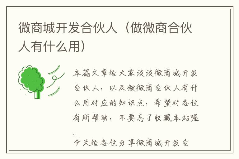 微商城开发合伙人(做微商合伙人有什么用)