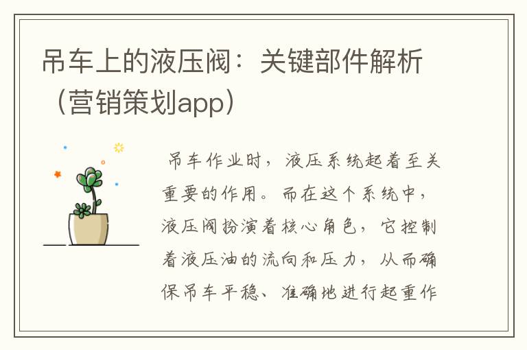 吊车上的液压阀:关键部件解析(营销策划app)